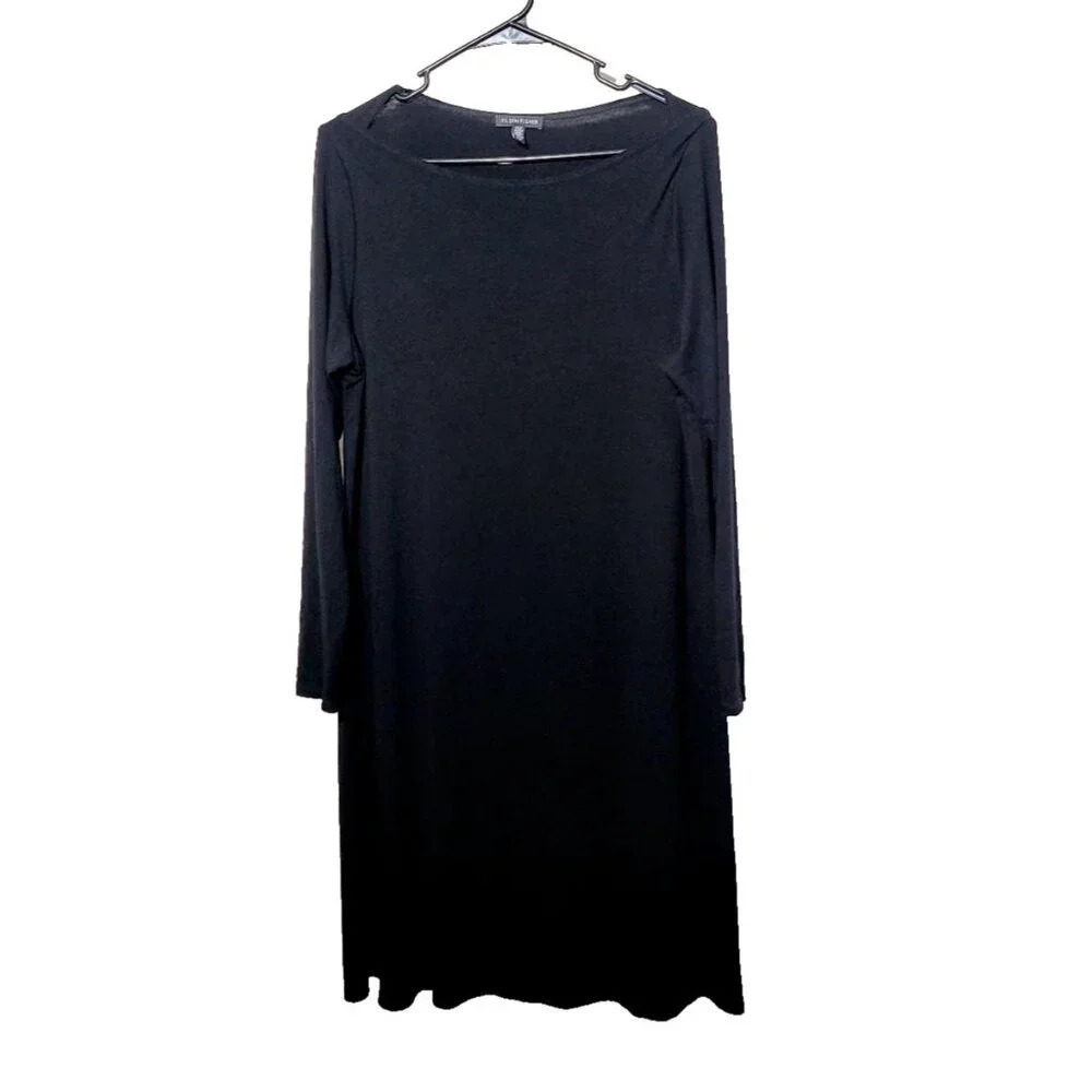 Eileen Fisher Shirt Dress Sz L Viscose Black Long Sleeve Stretchy Jersey Capsule